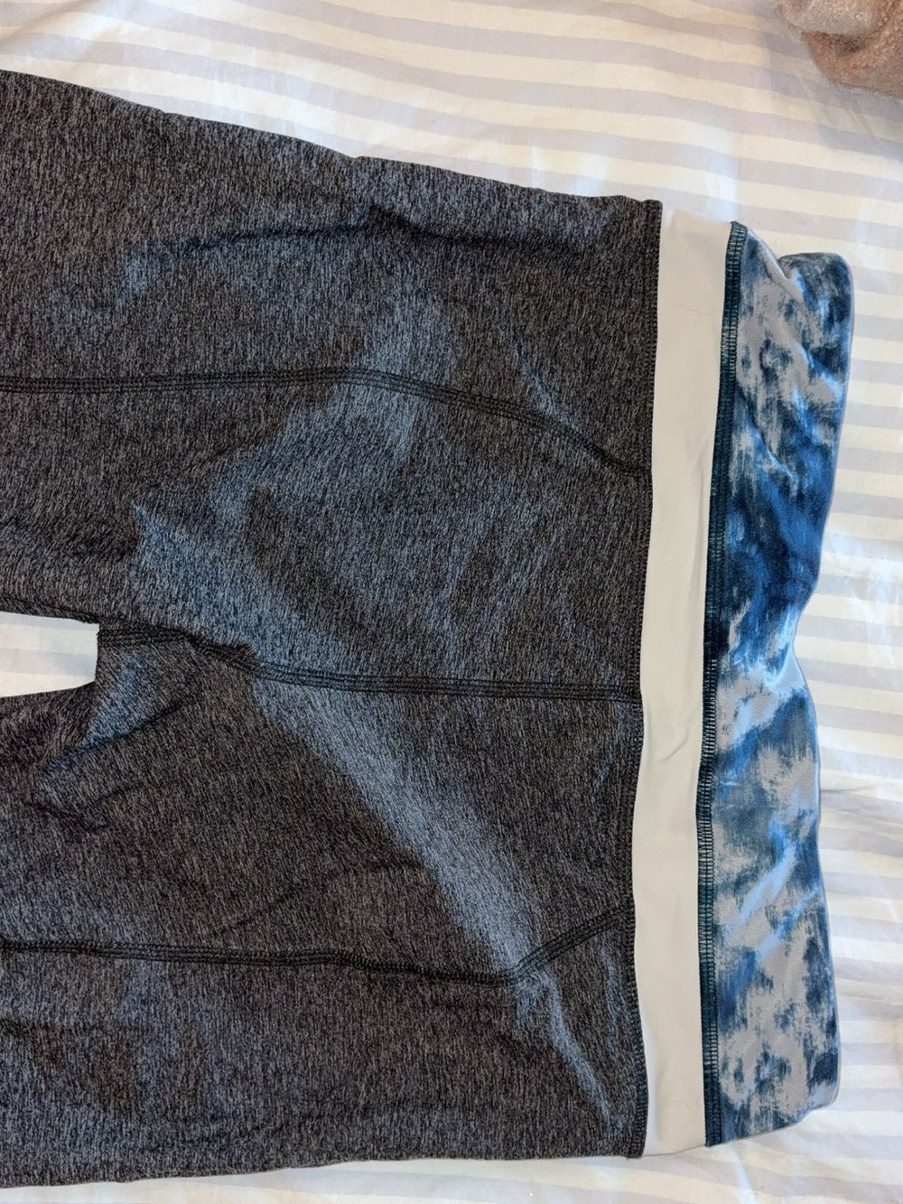 Lululemon Cropped Gray Leggings with Blue Tie-Dye Waistband